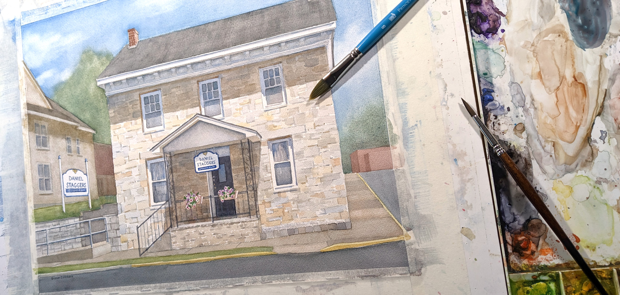 a watercolor of a 2-story stone building with a small 1-story porch at the entrance.